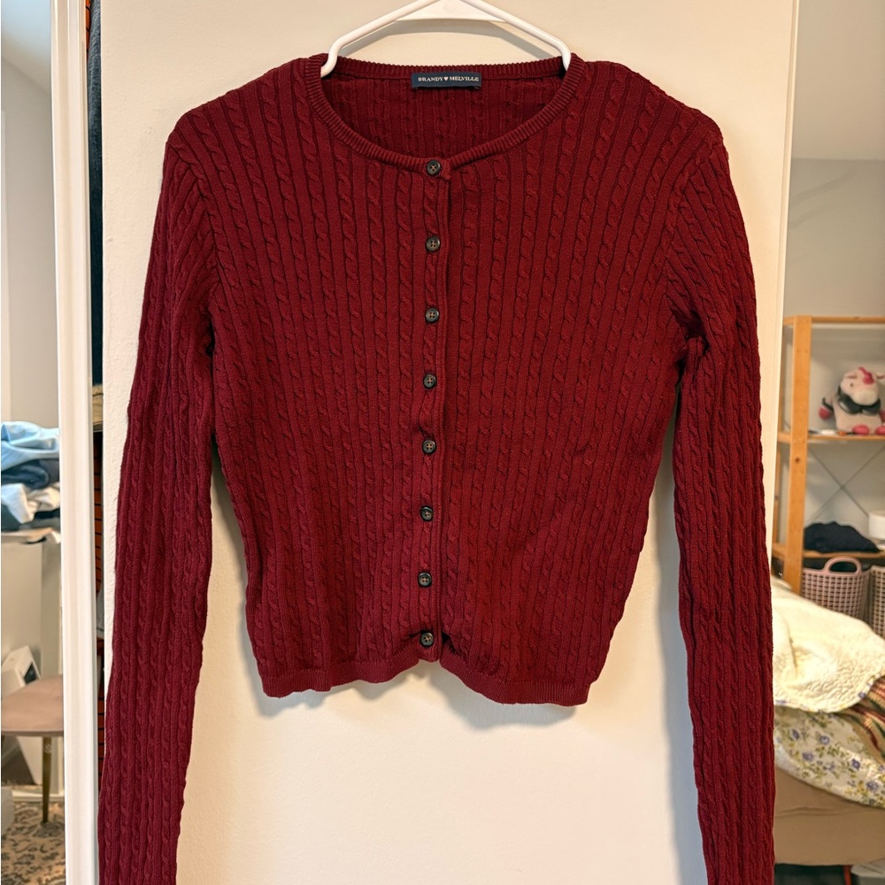 Brandy Melville Maroon Cable-Knit Button Cardigan